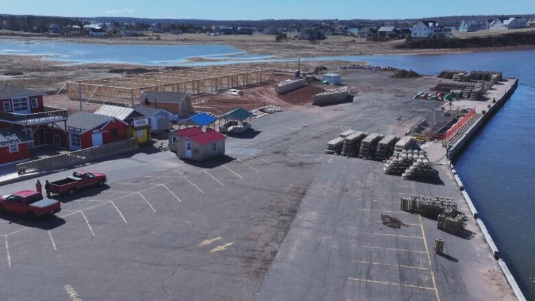 A drone view of the Covehead wharf showing a large new wooden building