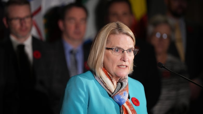 Ontario Health Minister Sylvia Jones is flanked by her provincial counterparts as she responds to questions during a news conference after the first of two days of meetings, in Vancouver, on Monday, November 7, 2022.