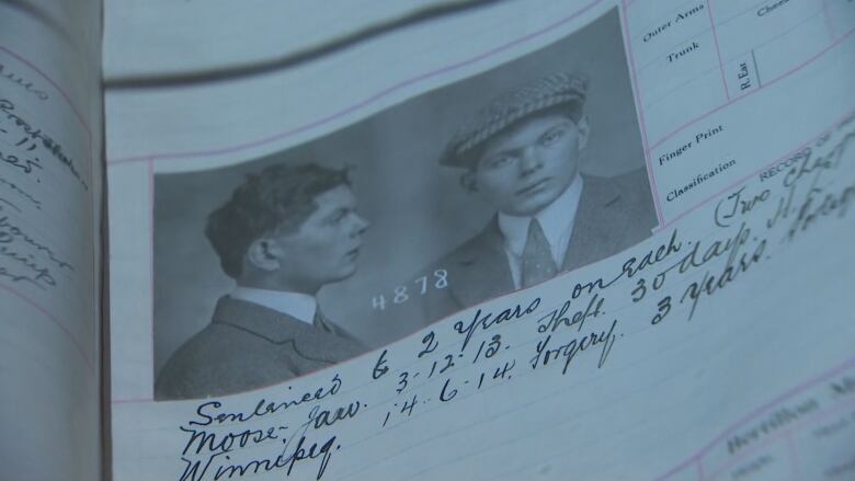 two mug shots of a man in black and white colouring appear in a historical book.