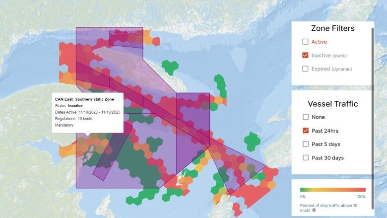 A map of the Gulf of St. Lawrence around northern New Brunswick, eastern Quebec, Anticosti Island and Newfoundland, with hexagonal tiles of green, orange, yellow and red over sections of waterway.