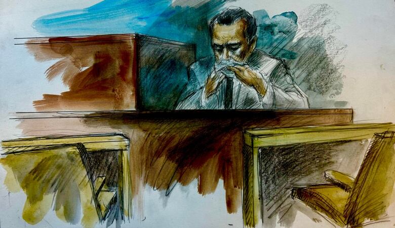 Police sketch showing a man in the witness box at court crying.