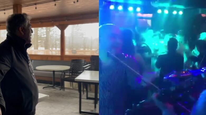 A side-by-side photo of an empty lounge in the day and the space lit up by blue light and busy at night.