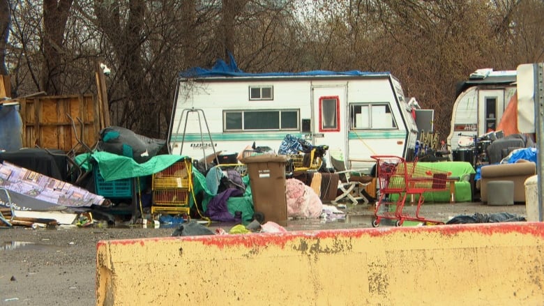 Campers and tarps and shopping carts are seen in a makeshift encampment.