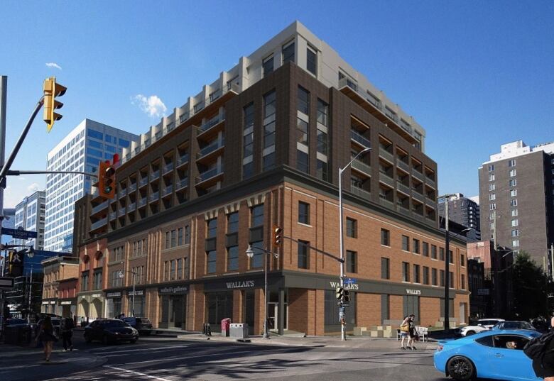 A rendering of a brick nine-storey building on a street corner.