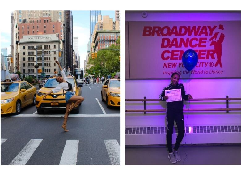 Chlo Bonnet holds a ballet pose in front of a line of taxis in New York City and stands in front of a banner reading 