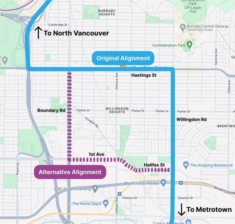 Two routes in the Burnaby Heights area of Burnaby. One, in blue goes east from Boundary to Hastings and then south through Willingdon. The other goes down Boundary Road, east through First Avenue, and to Willingdon.