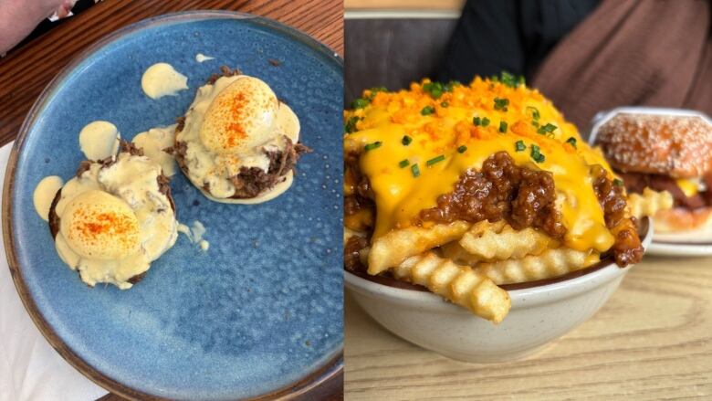 Eggs Benedict is pictured on the left and A burger with chili fries is pictured on the right.