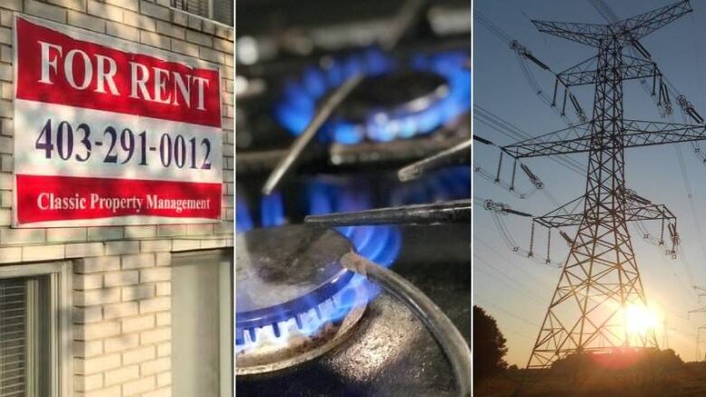 A for-rent sign, a gas stove burner and high-voltage power lines.