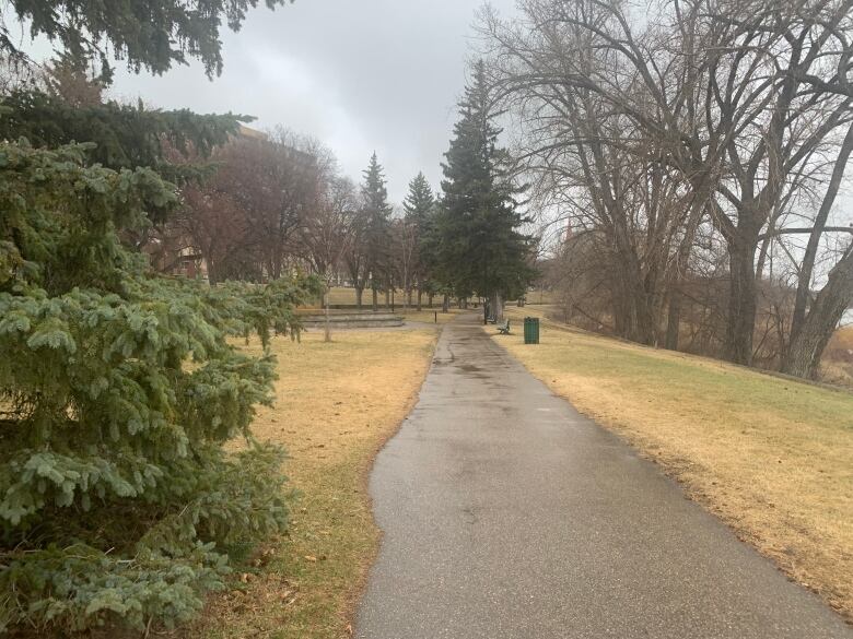 A rainy day on a walkway in Saskatoon