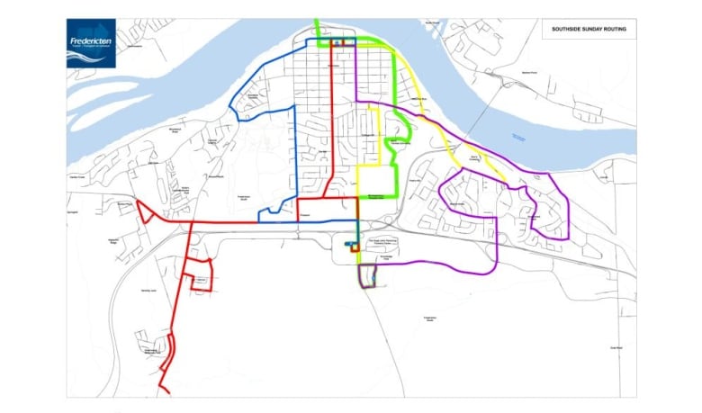 A map of Fredericton's downtown south side with roadways highlighted to indicate transit routes.