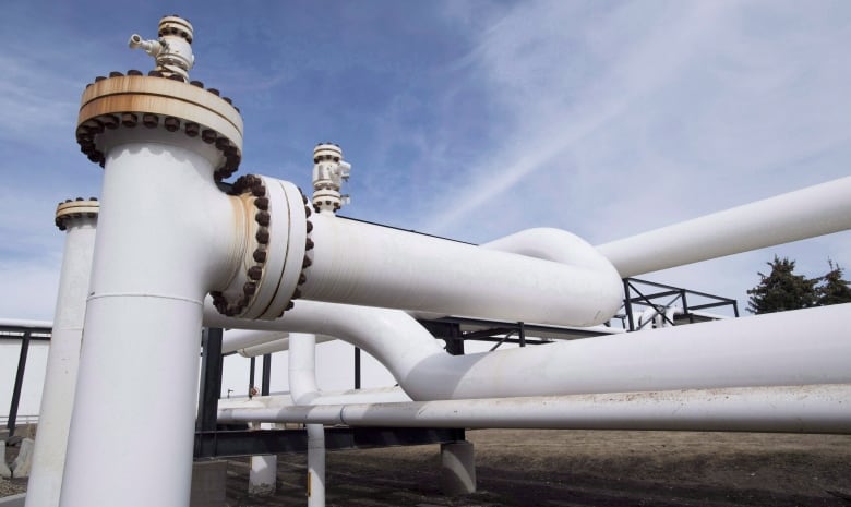 A complex arrangement of large, white pipes is seen against a blue sky.