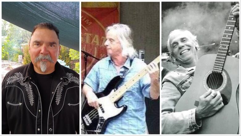 A three-column collage shows a man with a moustache in a black shirt on the left, a man with long grey hair playing a bass guitar in the centre and a man with short grey hair smiling while playing acoustic guitar., 