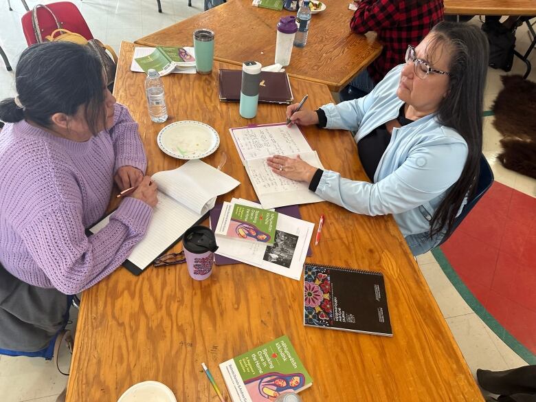 Participants in a Cree language, or nhiyawewin, mentoring program at Sturgeon Lake First Nation work together this week. 