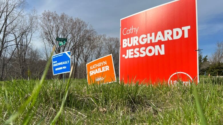 Election signs vie for voters' attention near Strathroy. Voters go to the polls on Thursday, May 2.