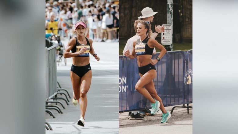 Two photos side by side show people with long blonde hair tied back running on a road.