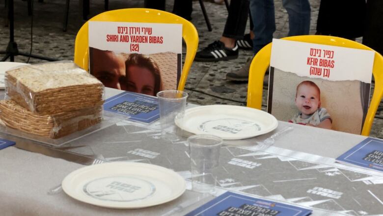 Two chairs with posters on them sit at a table with matzo bread, plates and cups.