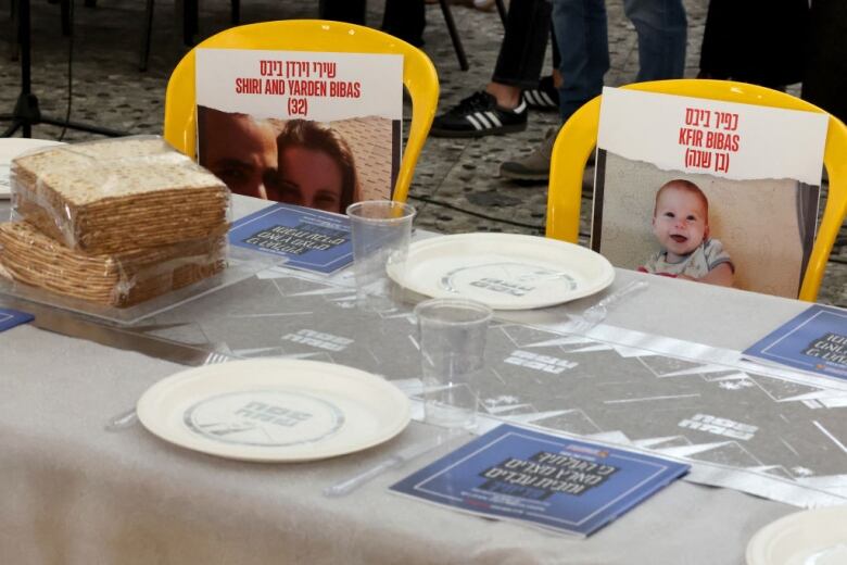 Two chairs with posters on them sit at a table with matzo bread, plates and cups.