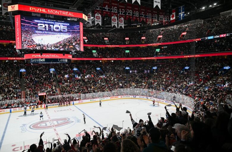 Hockey fans cheer in an arena