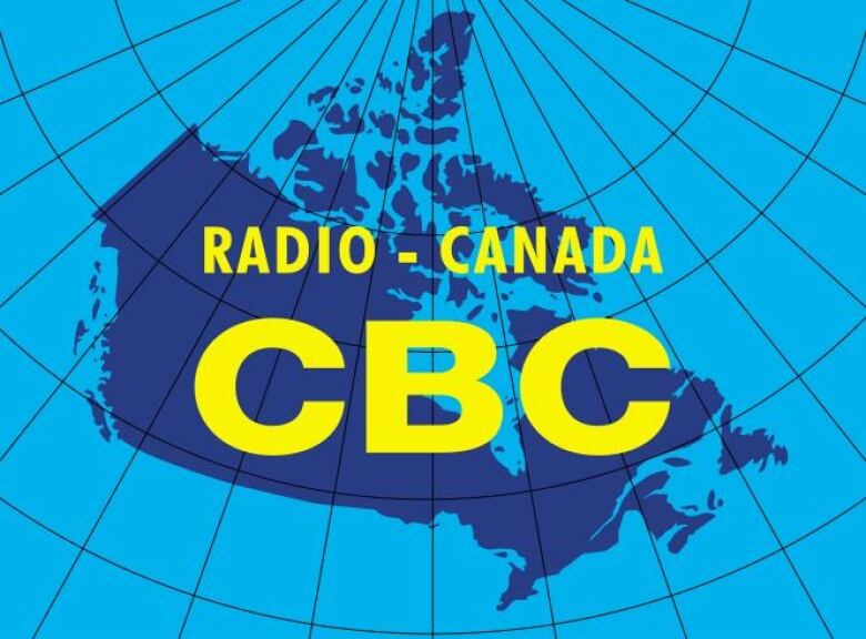 A dark blue map of Canada with a light blue background. Black lines across it signify a radio signal. The words Radio-Canada CBC are on top in yellow