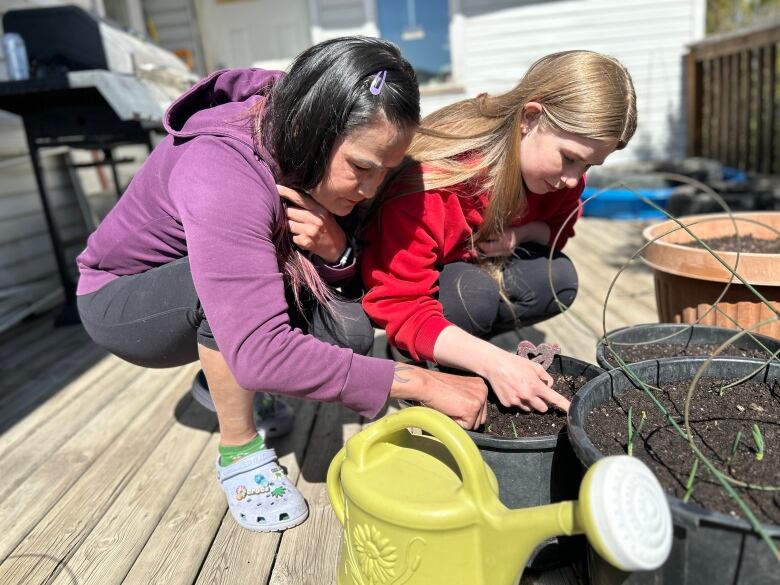 A woman in purple and a woman in red kneel down and sift through dirt and plants in a pot