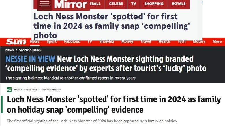 Three U.K. tabloid headlines about the potential sighting of the Loch Ness monster.