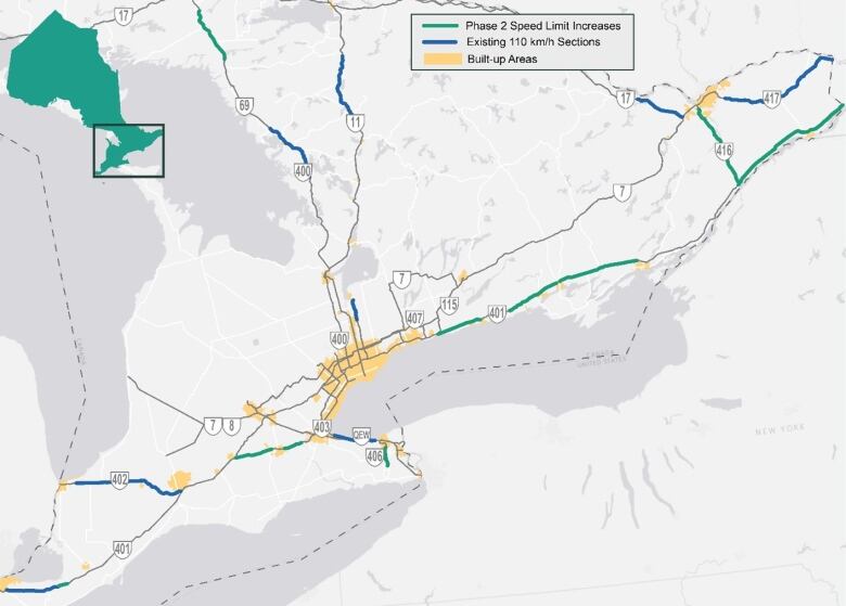 A map of southern Ontario, with highways that have a higher speed limit highlighted.