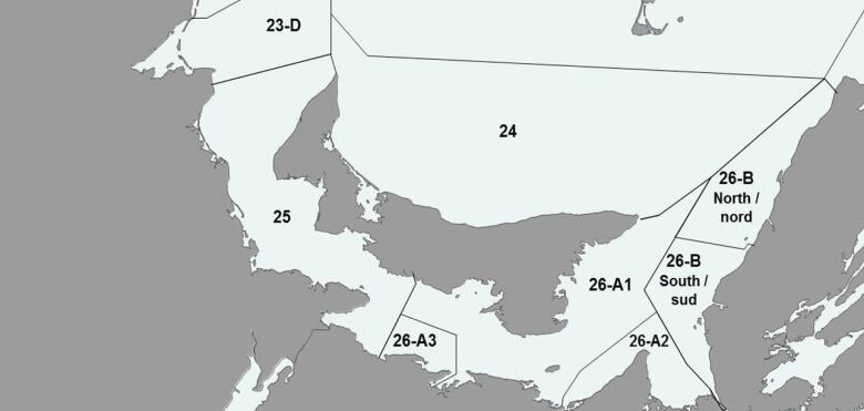 This map shows the locations of Lobster Fishing Area 24, covering the North Shore of Prince Edward Island, and Lobster Fishing Area 26-A1, stretching from Souris in the northeast to Victoria in south-central P.E.I. Lobster Fishing Areas 26-A2 and 26-A3 take in parts of northern Nova Scotia. 