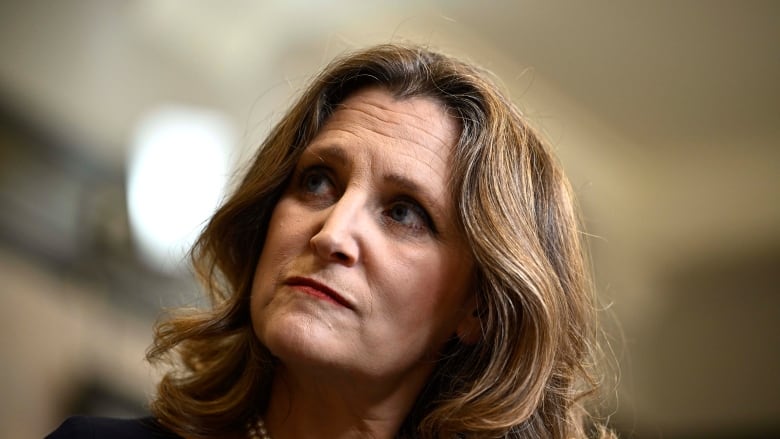 Deputy Prime Minister and Minister of Finance Chrystia Freeland participates in a TV interview after tabling the federal budget on Parliament Hill in Ottawa on Tuesday, April 16, 2024.