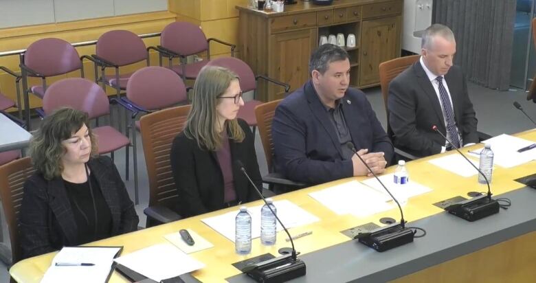 A row of four people sit in front of microphones 