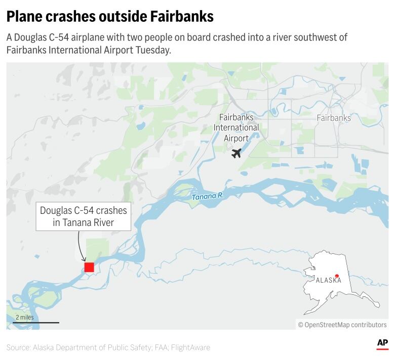 A map labelled, 'Plane crashes outside Fairbanks.'