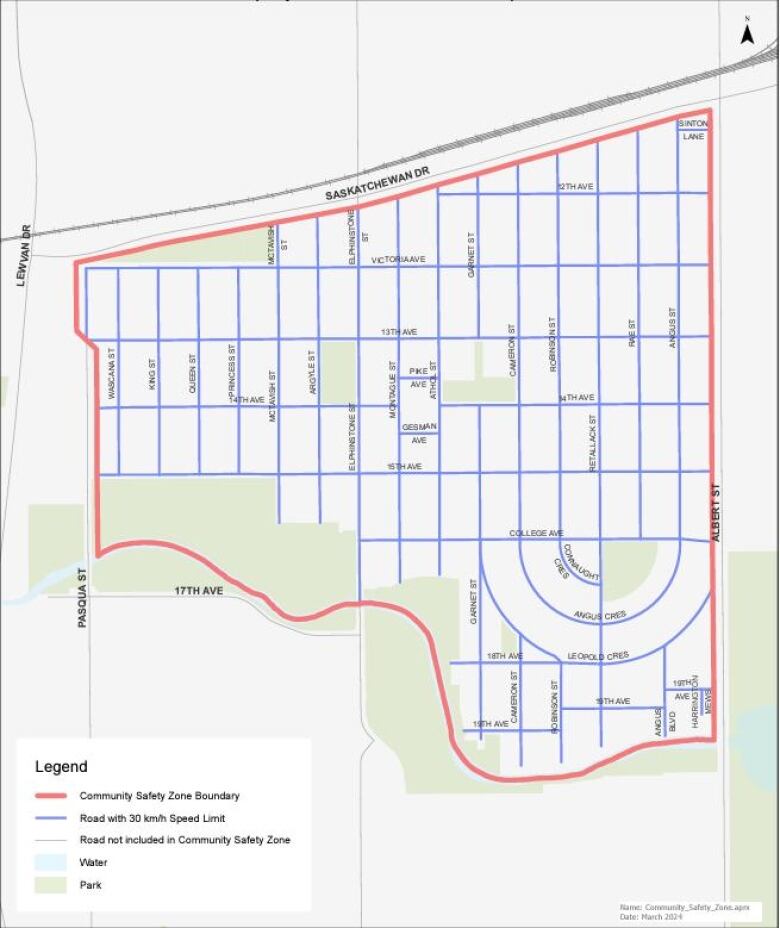 A map showing an area of downtown Regina.