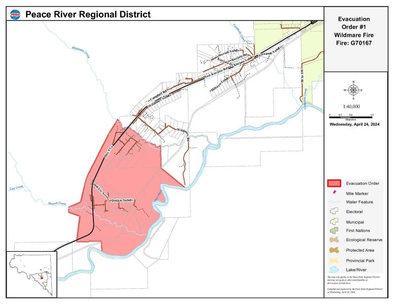 An area highlighted in red on a vector map southwest of Chetwynd. 