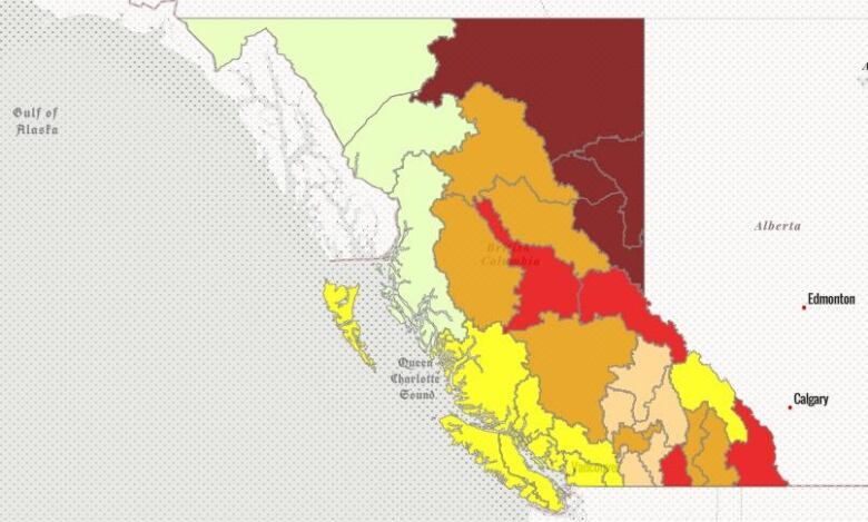 A map of B.C. showing extreme drought in northeast B.C.