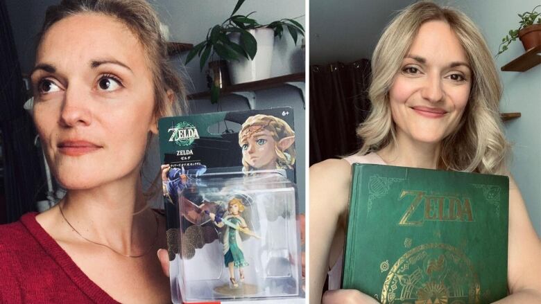 two photos side by side show a blonde woman smiling. she is holding a character figure and a book that says 