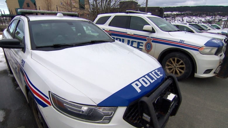 Police vehicles are lined up in a row in a parking lot. 