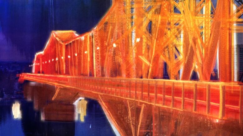 Colourful illustration of the alexandria bridge connecting Ottawa to Gatineau. The bridge symbolizes a defining moment for Keith de Silvia-Legault.