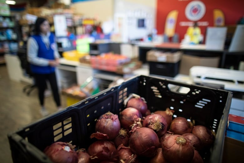 A basket of onions is shown in a food bank.