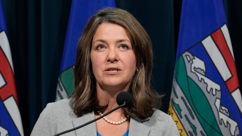 A white woman with brown hair, wearing a grey blazer over a blue top and a pearl necklace, is speaking into a microphone at a podium. She is indoors, with Alberta flags standing behind her.