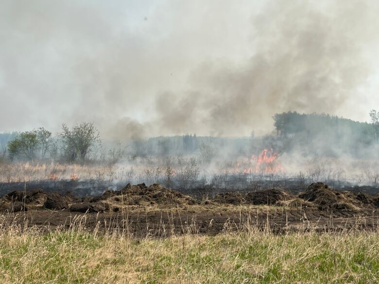 A grass field on fire creating a bunch of smoke. 