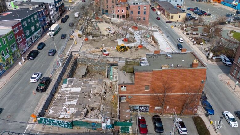 aerial photo of war memorial and former Breakwater Brooks building in downtown St. John's.