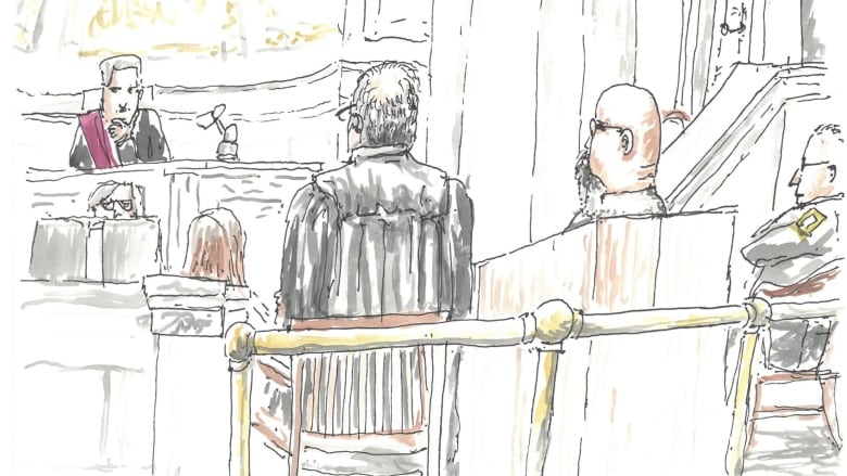 A courtroom sketch shows a bald man with a beard and glasses in the accused box, with a sheriff sitting in a chair on one side of him and his lawyers on the other side. In front of them, a judge listens from the bench.