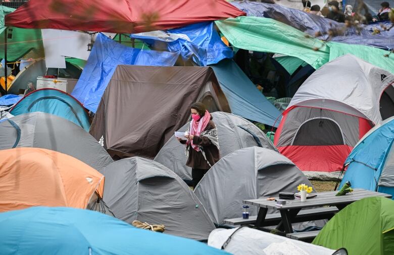 A person stands a mid a sea of tents and tarps.