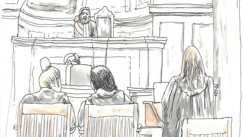 A courtroom sketch shows lawyers sitting in front of a judge.