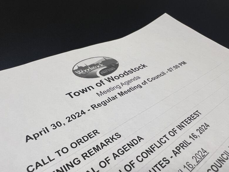 A sheet of paper showing Woodstock council agenda