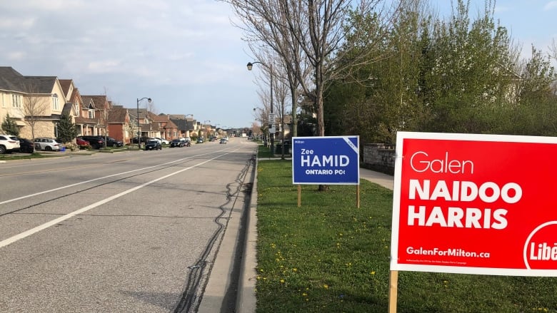 Signs for candidates in the Milton provincial byelection, with house in the background.