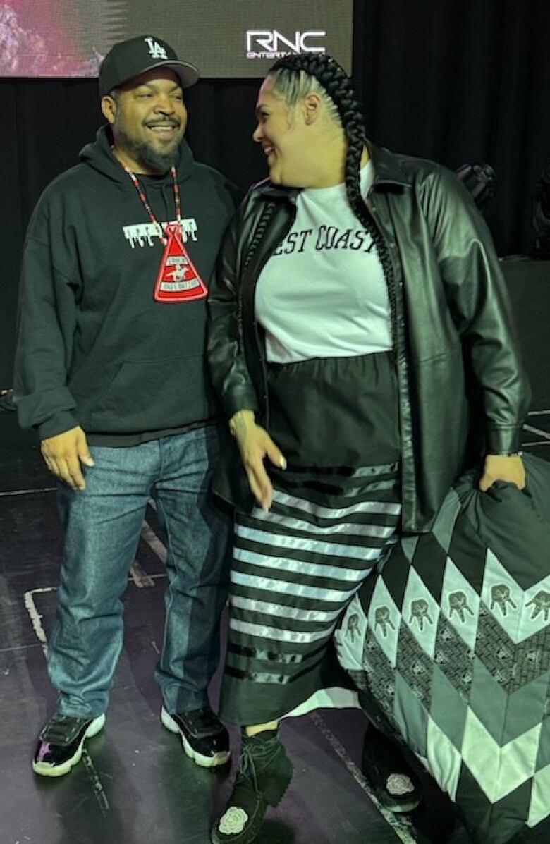 Enoch Cree Nation, Eleesha Papin, presents star blanket to the star on stage at River Cree Resort, the venue of Ice Cube's April 30th performance. 