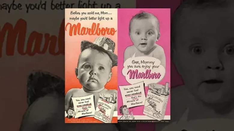 Two print ads for Marlboro cigarettes from the 1950's aimed at mothers where a baby says, 