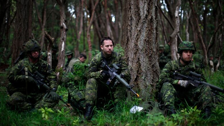 Soldiers in green camo crouch in the woods.