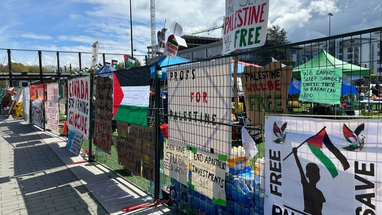 A student encampment for Pro-Palestinian protesters is shown at the University of British Columbia campus in Vancouver on Tuesday, April 30, 2024.