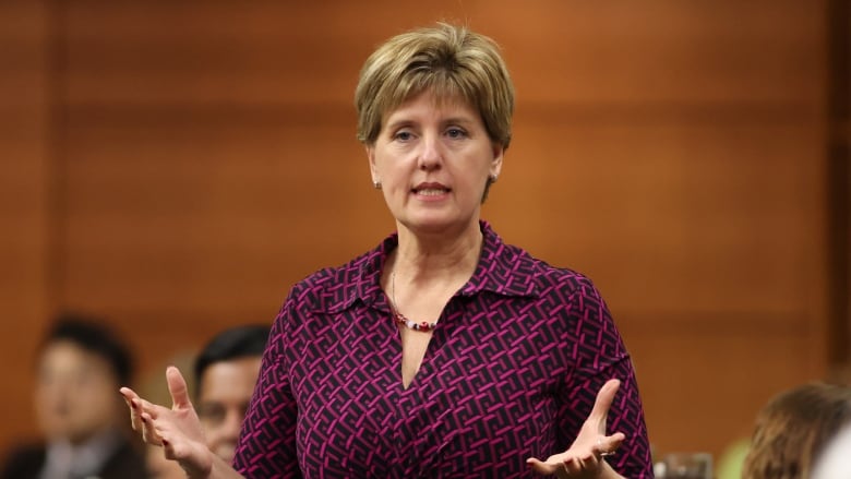 A woman in a pink and purple patterned blouse gestures with her hands as she speaks in the House of Commons.